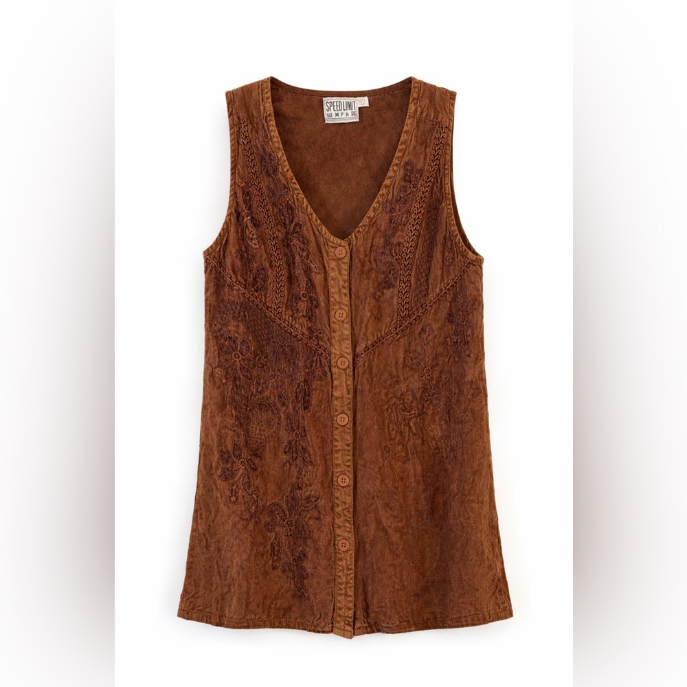 Speed Limit MPH Brown Embroidered Boho Tunic Vest Size Medium